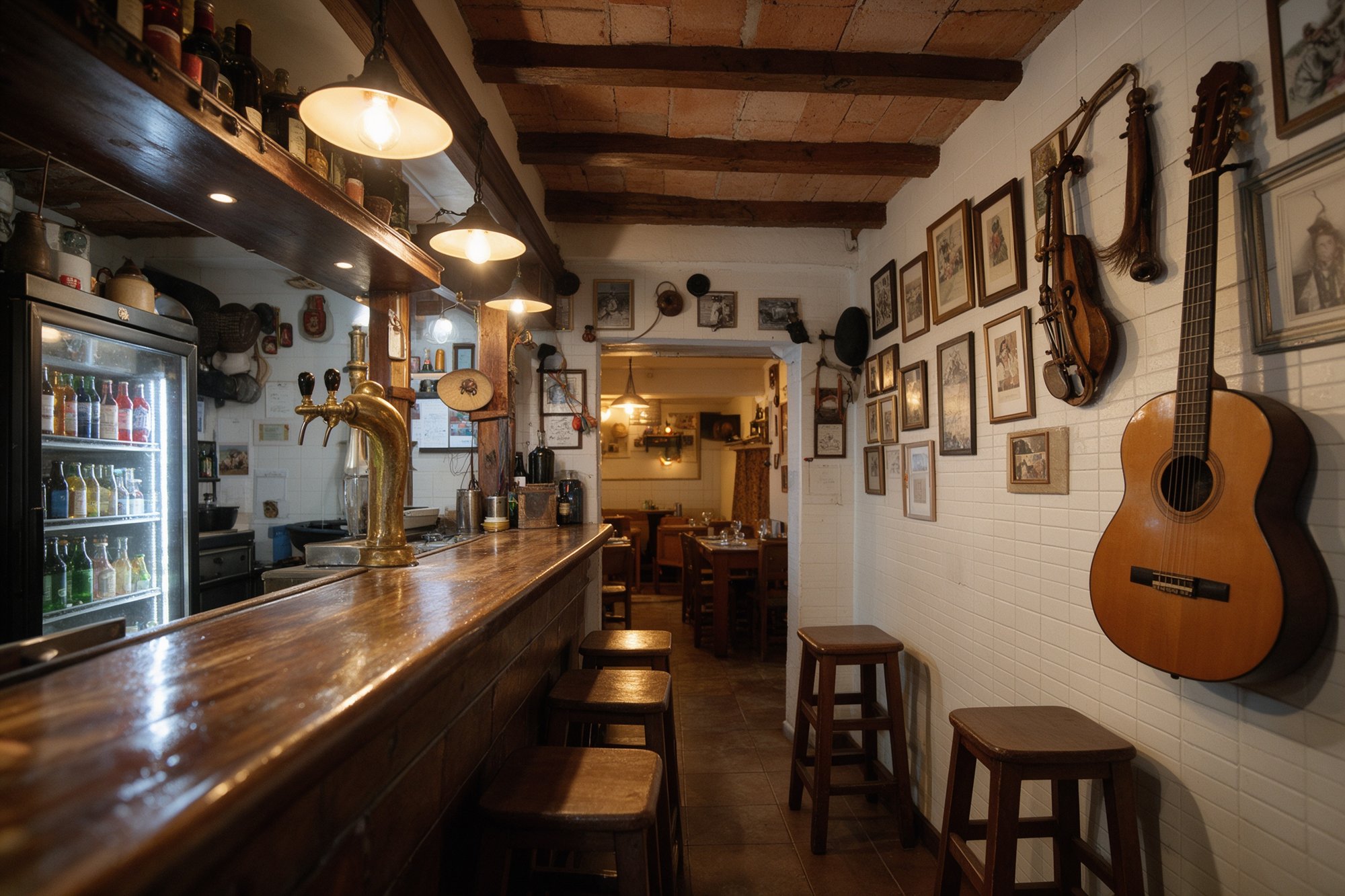 Interior de taberna tradicional con vigas de madera, barra larga, nevera de cerveza y guitarra colgada en la pared