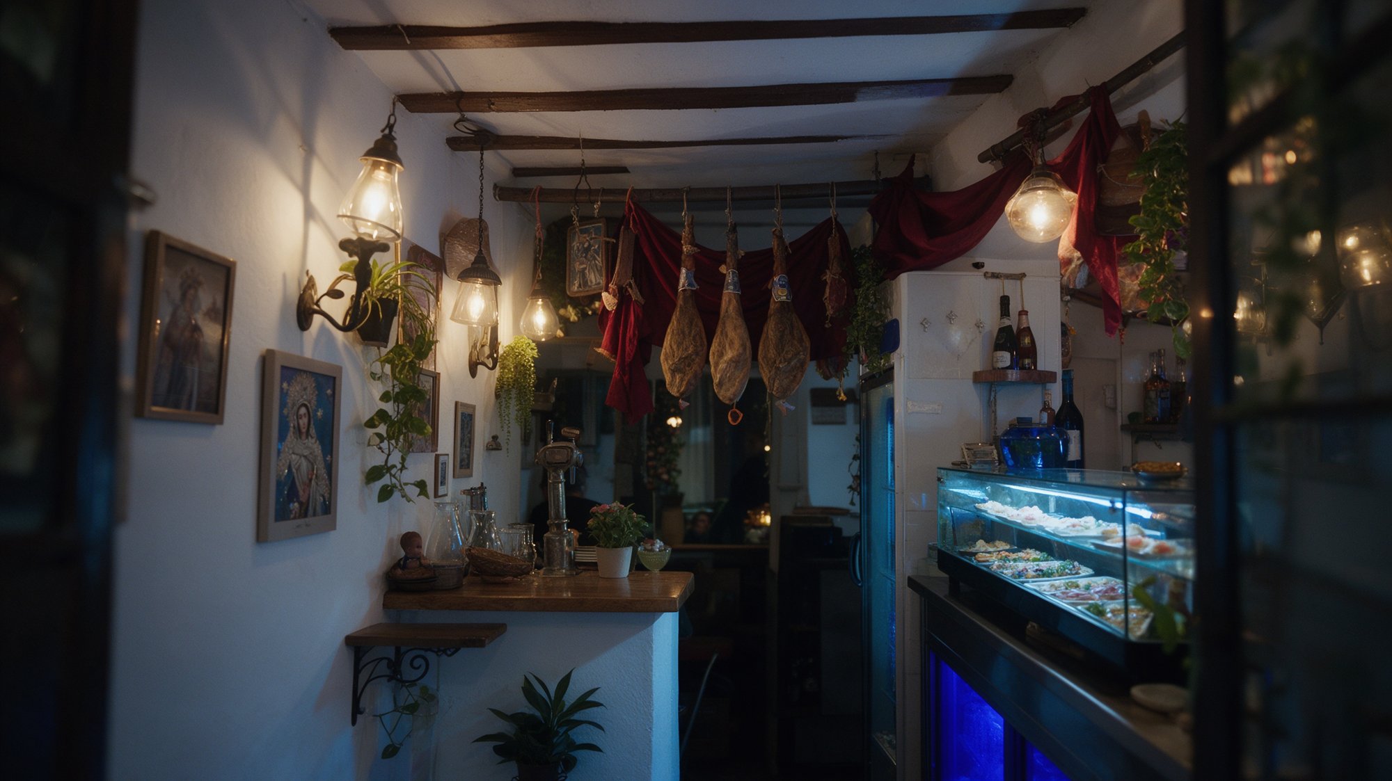 Interior íntimo de taberna andaluza con vigas de madera, jamones colgados, mostrador de tapas y luz cálida