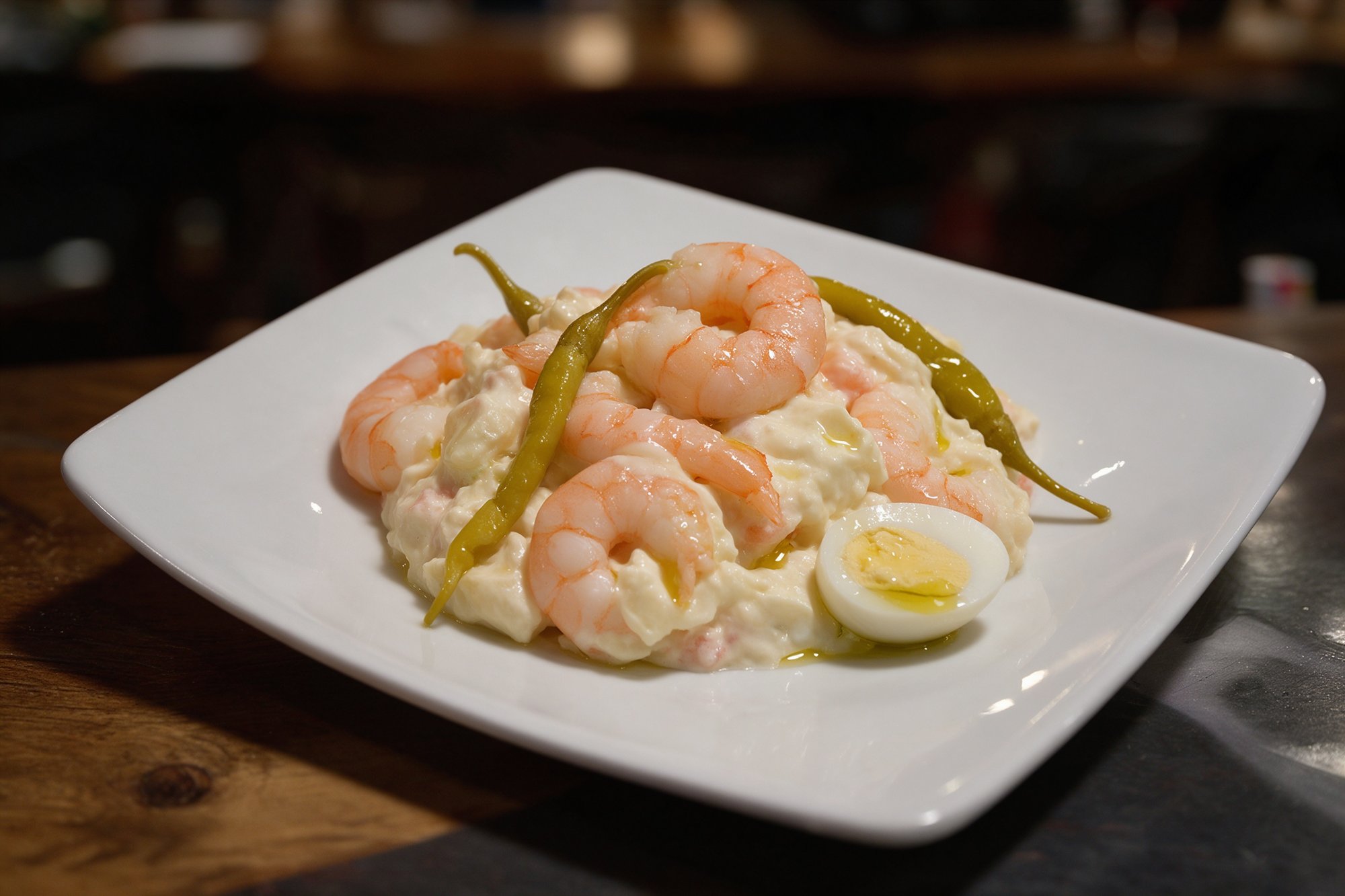 Ensaladilla rusa cremosa con gambas, piparras y huevo de codorniz en plato blanco