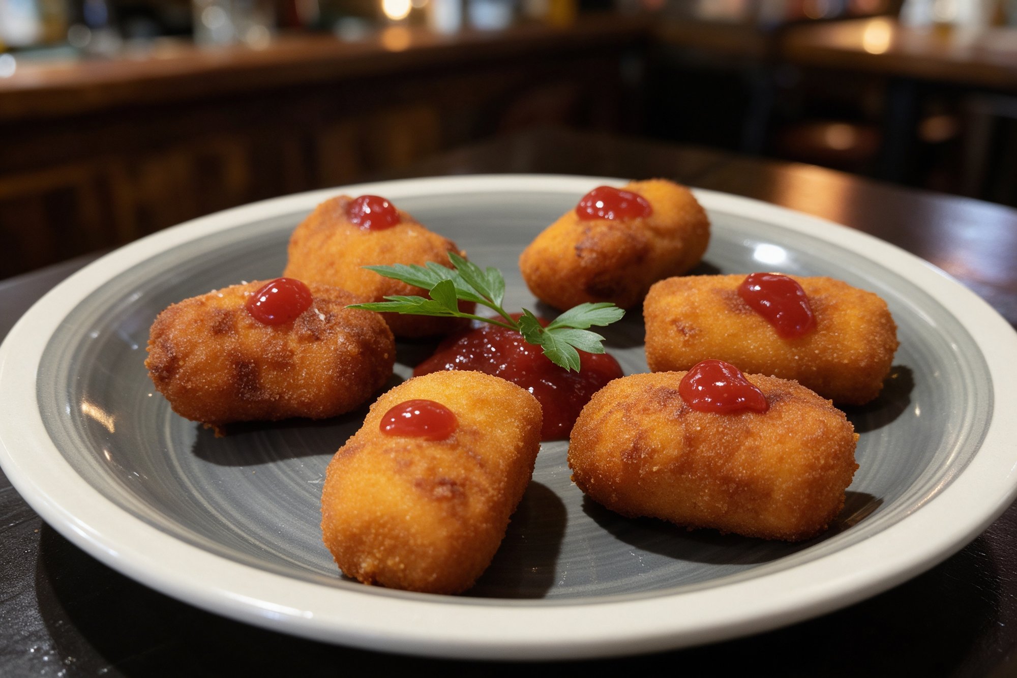 Cinco croquetas doradas caseras con salsa roja y perejil en plato gris oscuro
