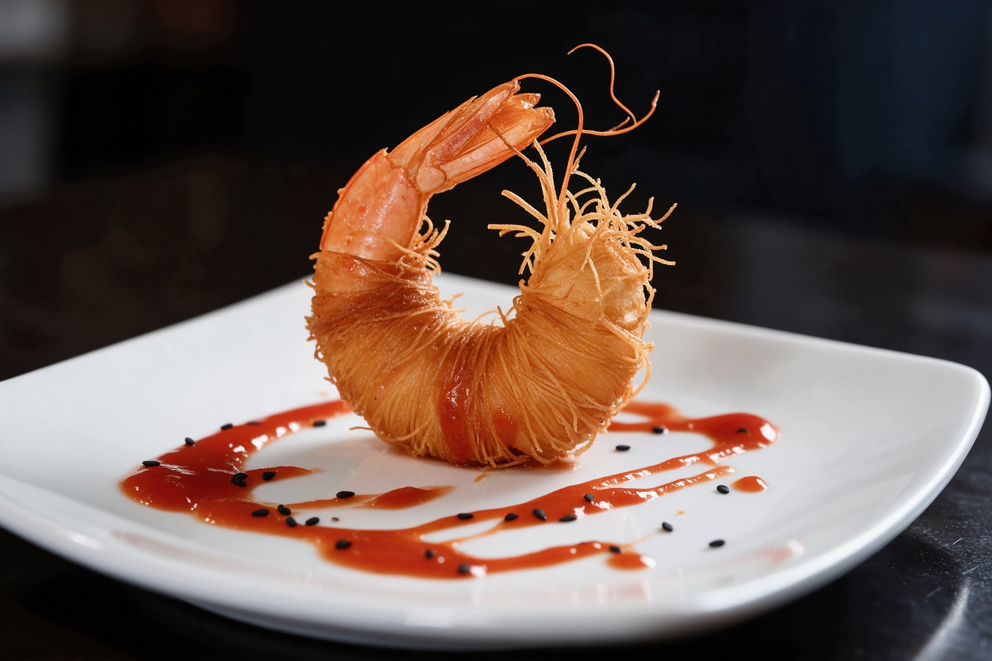 Langostino crujiente envuelto en pasta kataifi con salsa roja y sésamo en plato blanco