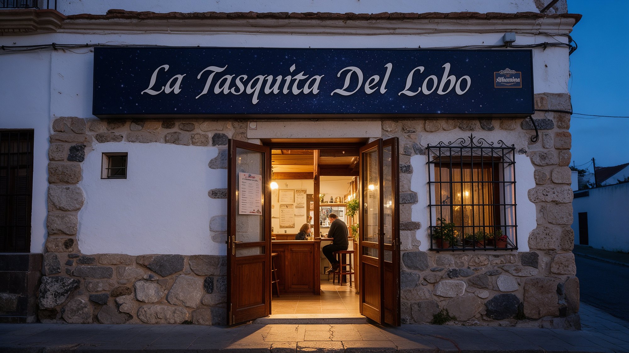 Fachada estrecha de taberna andaluza al anochecer con rótulo azul que dice La Tasquita Del Lobo y puerta abierta iluminada